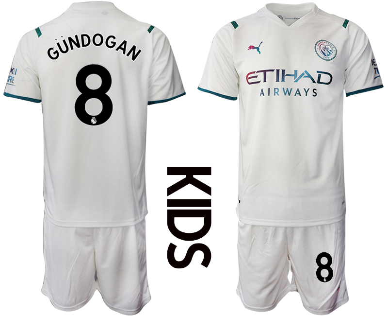 Youth 2021-2022 Club Manchester City away white #8 Soccer Jersey->youth soccer jersey->Youth Jersey